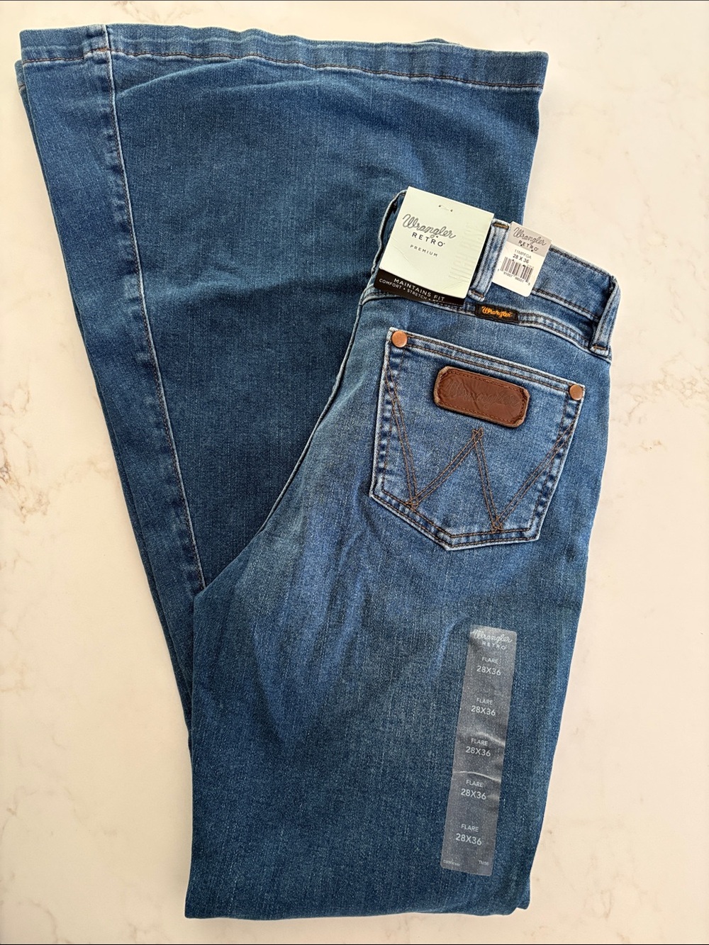 Wrangler Retro Premium Trumpet Flare Blue Denim Jeans with Gold Logo Stitching - Picture 6 of 6